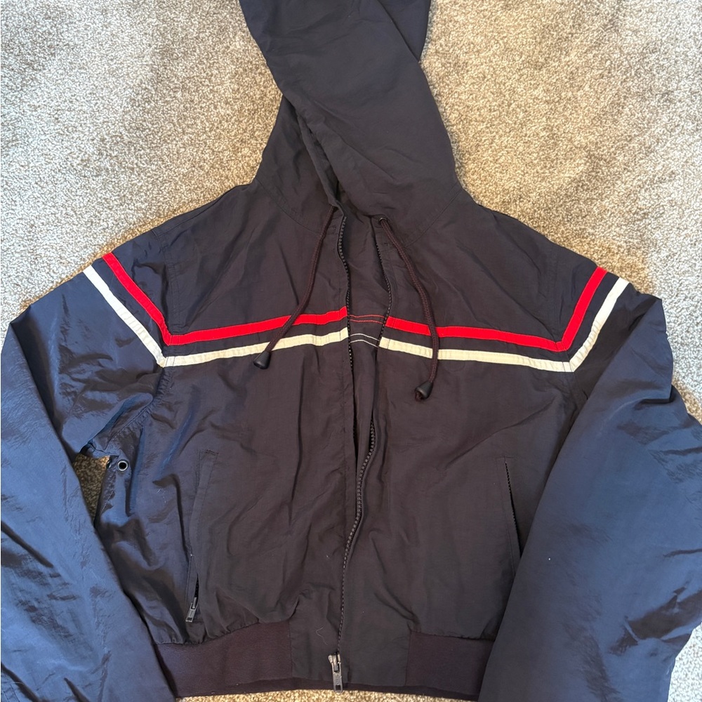 Brandy Melville Navy Hooded Jacket with Red and White Stripes